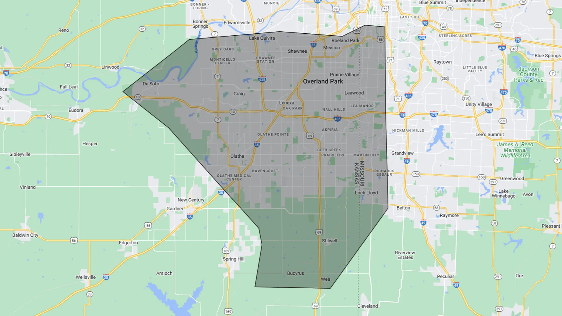 Map of Overland Park, KS Lawn and Landscape Solutions service area.